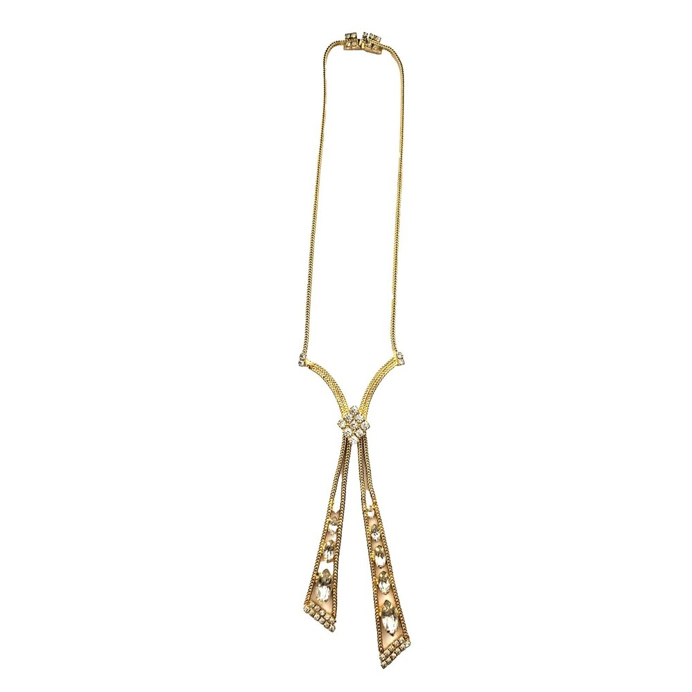 Vintage Hobe Tassel Necklace Gold-Tone Rhinestone Fringe Lariat 1950s Signed